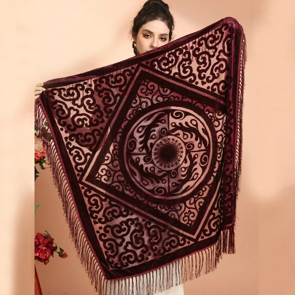 AW25 Velvet Jacquard Shawl with Tassel Trim - Vintage Boho Oriental Scarf for Cheongsam & Winter Warmth - view 5