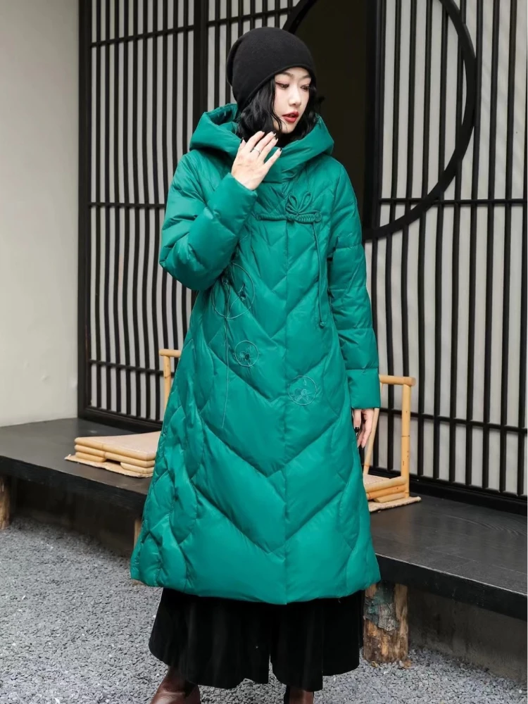 Winter Fashion New Woman Coat Chinese Style Plate Button Embroidery Mid-length Down Jacket White Duck Down Warm Hooded Overcoat