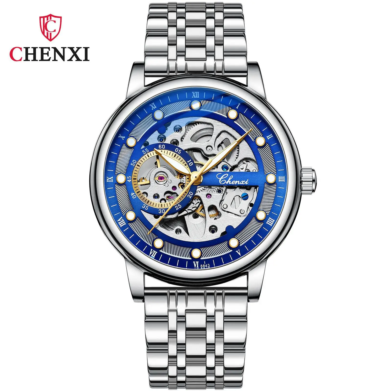 Fashion Chenxi Top Brand Man Luxury Automatic Mechanical Leather And Full Steel Men Skeleton Waterproof Luminous Skeleton Watch