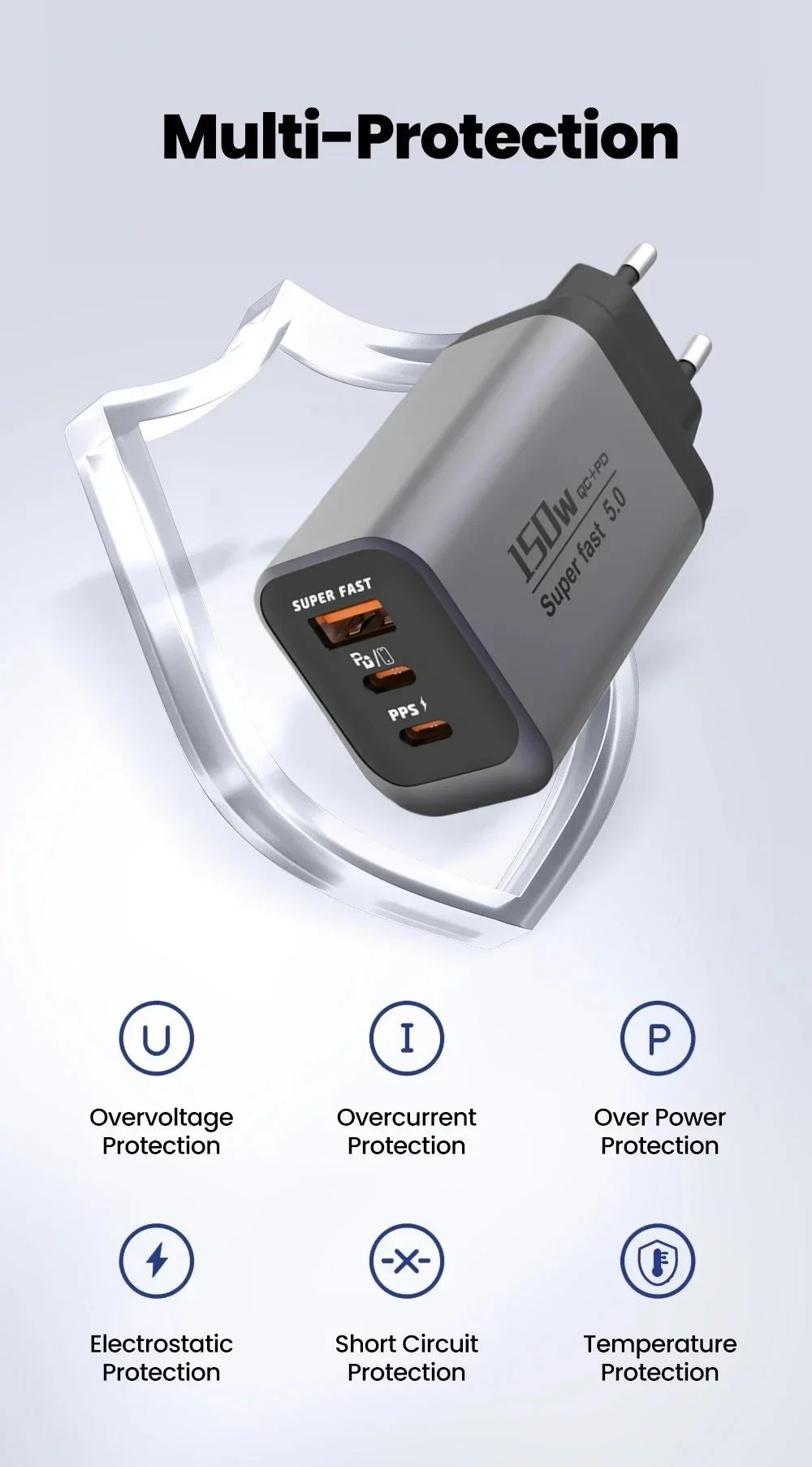150W Fast Charging 3 Ports Mobile Phone Charger QC3.0 USB Type C Chargers Dual PD USB Wall Adapter EU/US Plug for iPhone Samsung