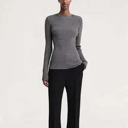 TT @ LUXURY-Knitted Shirt for Women, Metal Ribbed, Round Neck, Slim Fit, Casual, Knitted Top, Nordic, Autumn, Winter, 2024