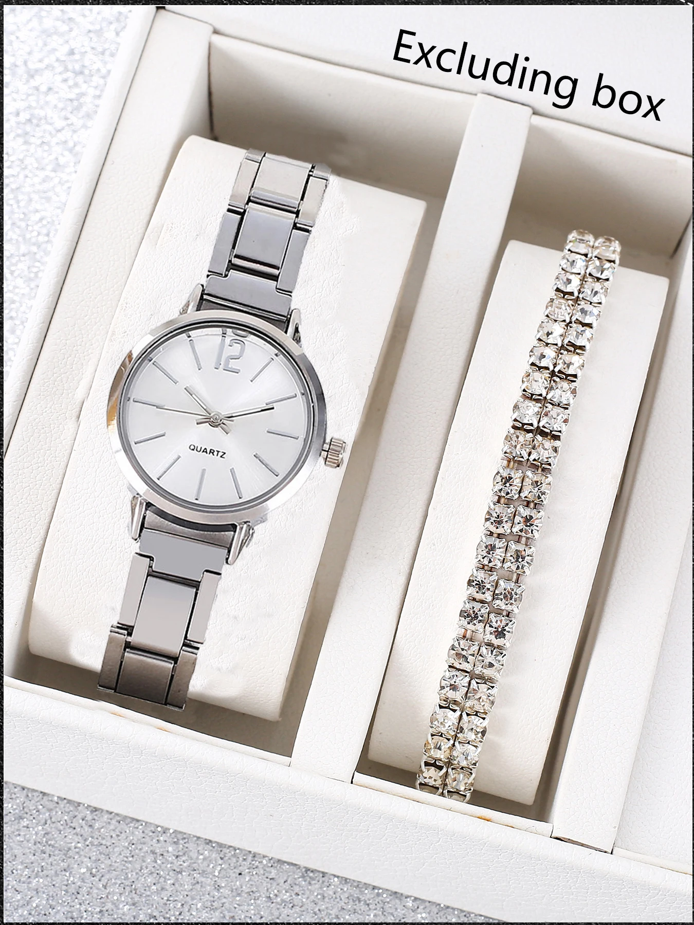 Simple Large Number Silver Steel Watch Full Crystal Tennis Bracelet Set