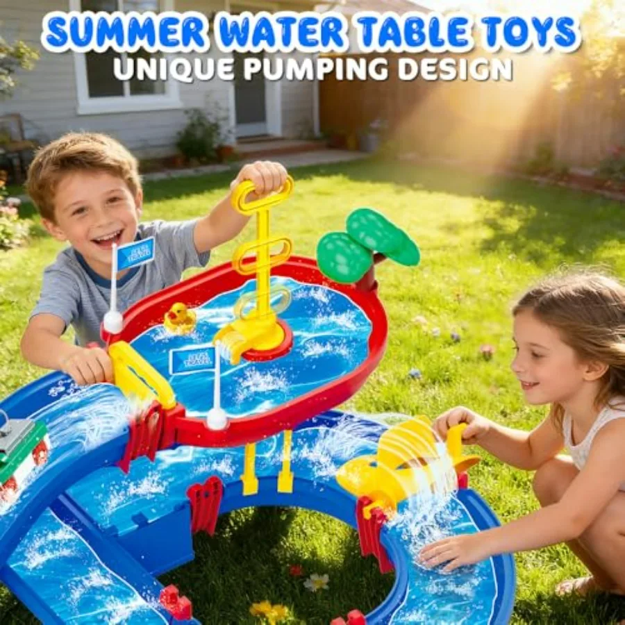 Outdoor water table toys for backyard pool beach use, plastic, blue and yellow, 2-tier with 61PCS DIY waterways and pump for se