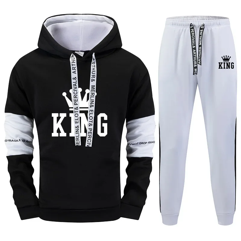 

High Quality King Print Hoodies Sweatpants 2pcs Set 2025 Men's Hooded Sweatshirt Jogger Pants Autumn Daily Casual Sporty Outfit