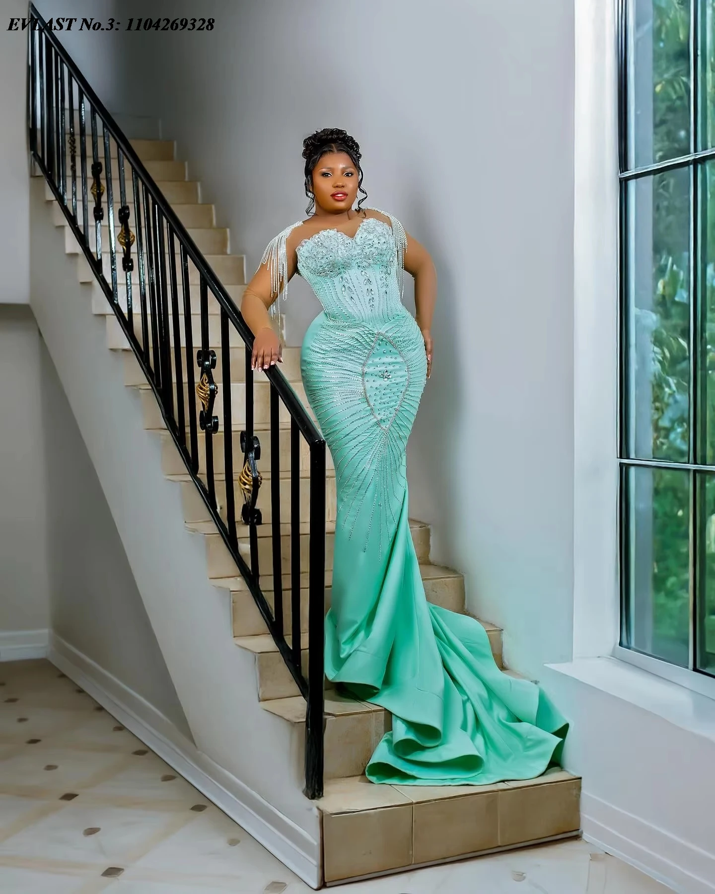 EVLAST Customized African Mint Mermaid Prom Dress Crystal Beading Formal Party Dress Aso Ebi Black Women Formal Gown E3P379