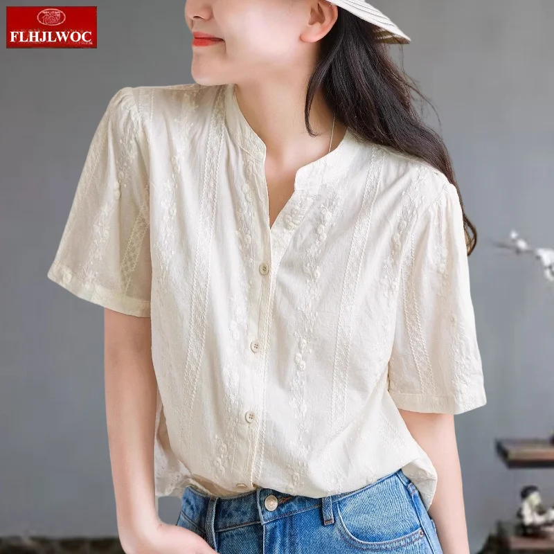 

Cotton Tops Blouses Mori Girls FLHJLWOC Design Woman Japan Style Cute Sweet Short Sleeve Button Shirts Retro Vintage Tops