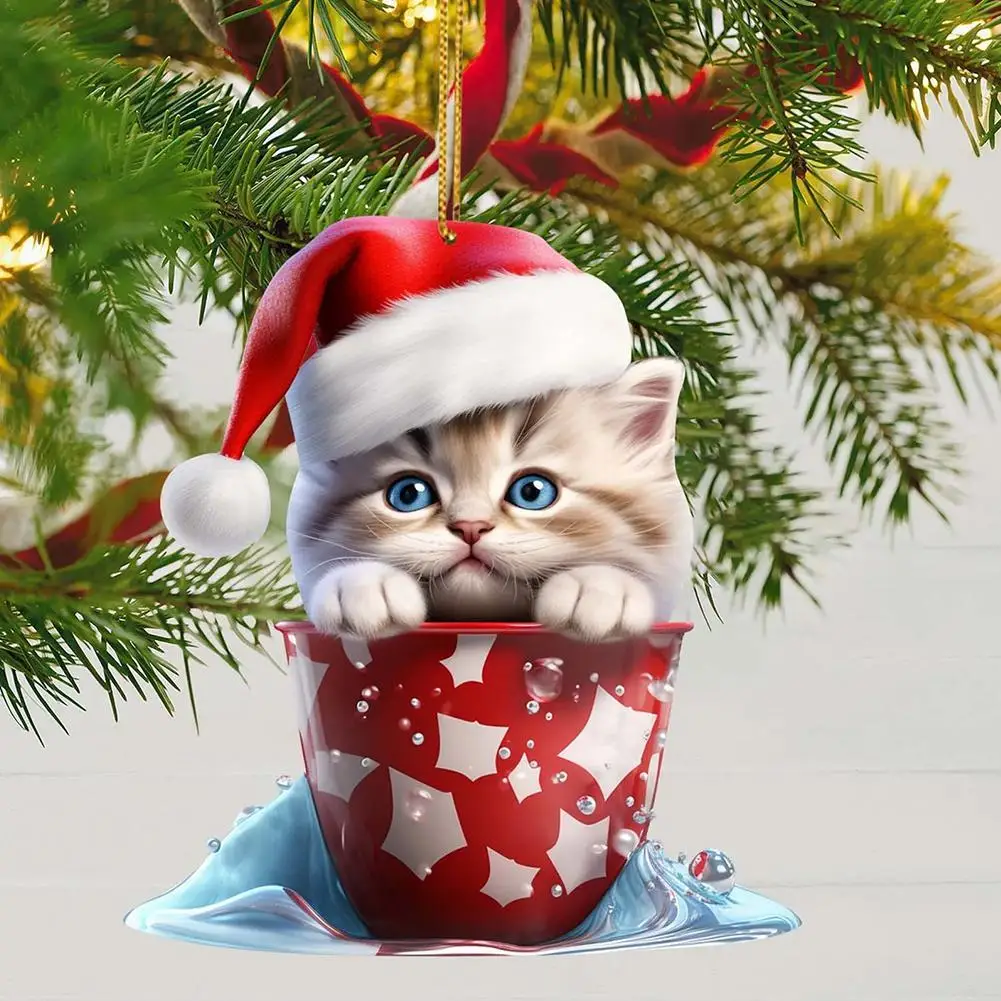 2d Acrylic Cute Cat Xmas Tree Hanging Christmas Scene Decoration Christmas Hanging Decoration Christmas Tree Pendant Decor