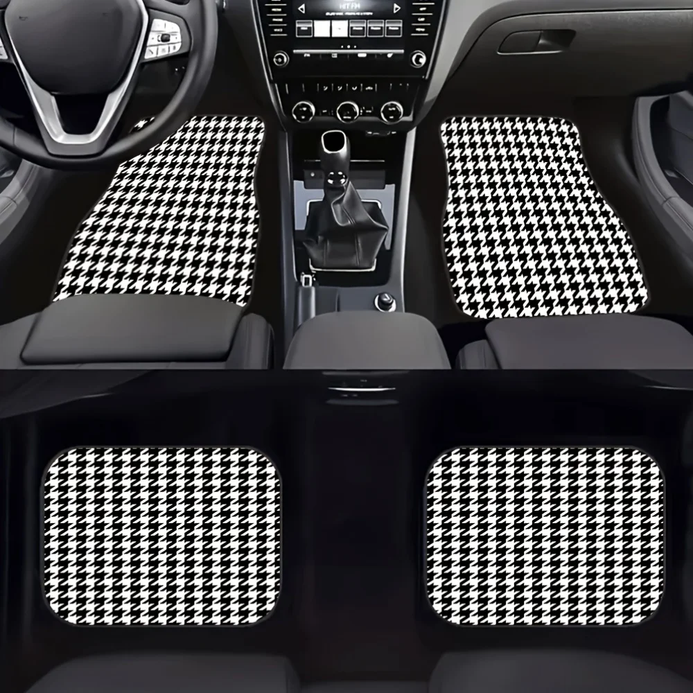

4pcs Black And Houndstooth Patterned Car Mat Set, Universal Non-Slip Protection And Dust-Proof Front And Rear Floor Mats, Automo