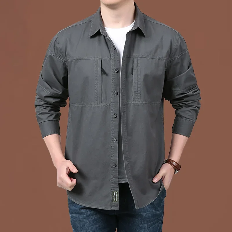 

FGKKS Men Cargo Shirt Jacket Fashion Men's Long Sleeve Solid Color Big Pocket Outwear Plus Size Male Cotton Jacket Outdoor
