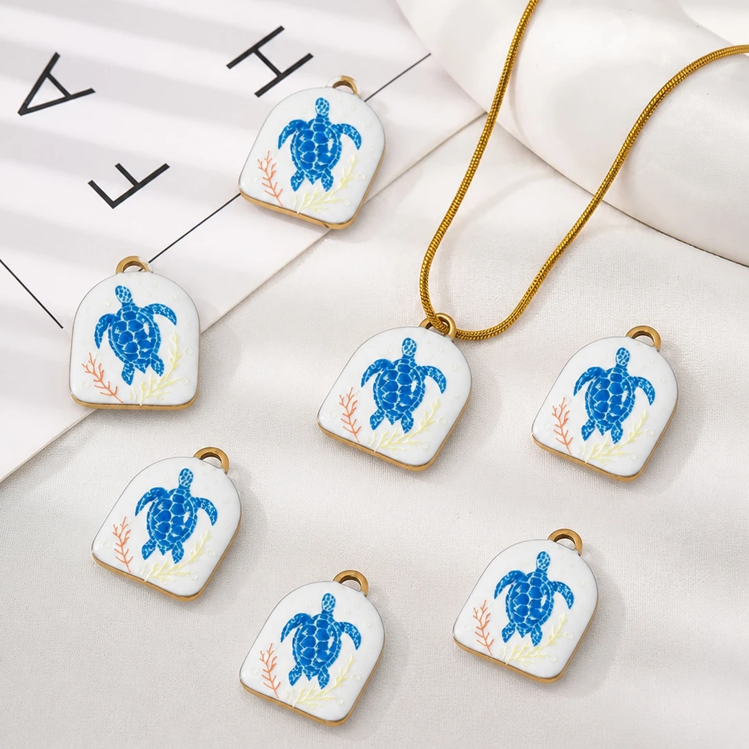 2 Stück Gold Edelstahl Emaille Meeresstern Muschel Anhänger Blaue Meerestier Charms Bastelzubehör für Frauen DIY Schmuckherstellung – Detail 1