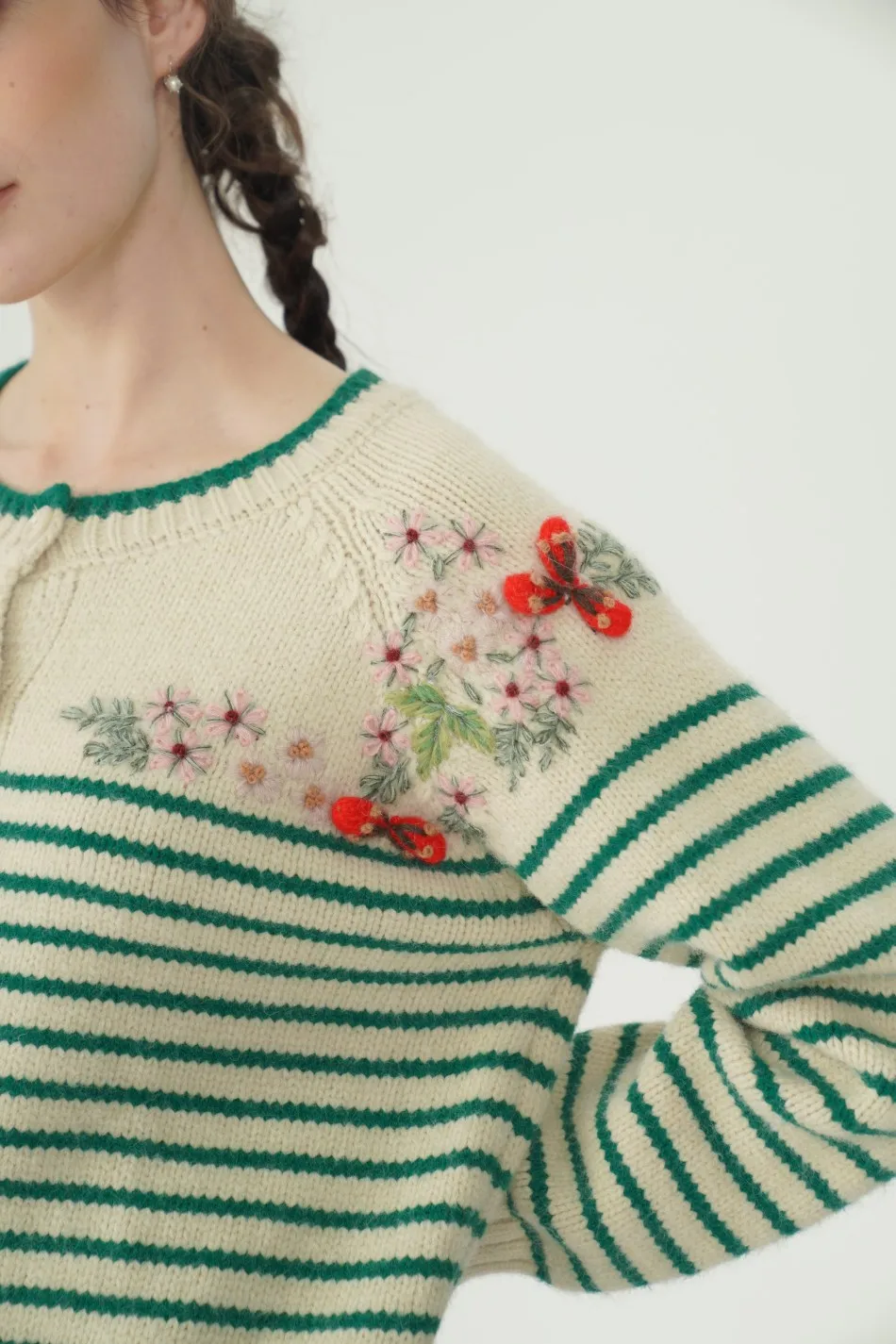 

110cm Bust Fall Winter Cashmere Wool Cardigans Women Elegant Handmade Embroidery Striped Nordic Vintage Knitted Wool Sweater