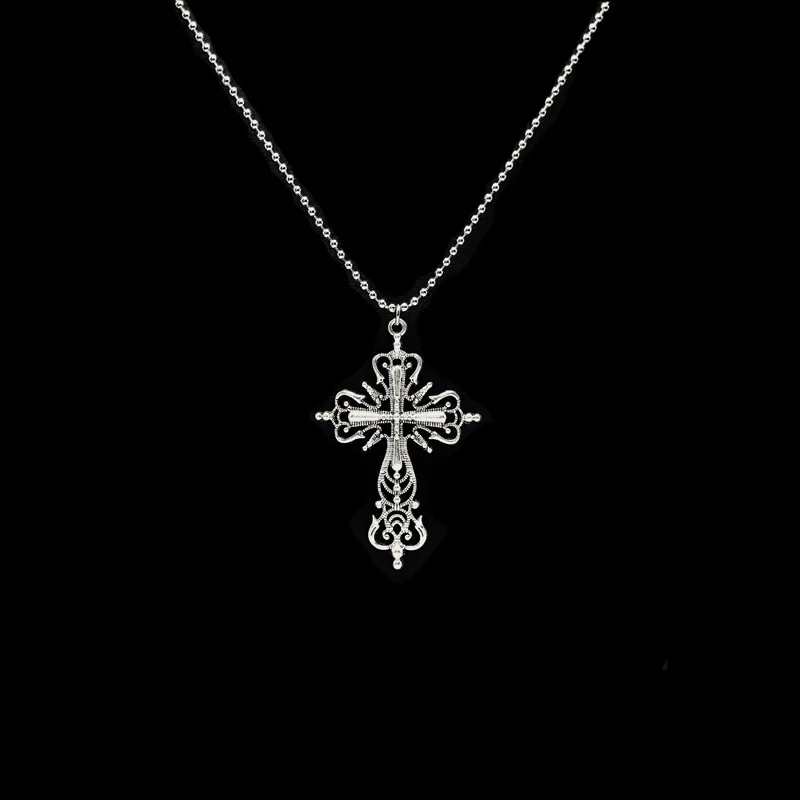 Vintage Cross Necklace Goth Hollow Cross Pendant Necklace for Men Women Beaded Chain Necklace Aesthetics Accessories Y2K Jewelry