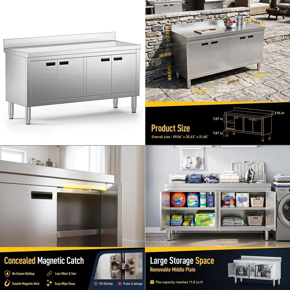 

x 22 Stainless Steel Prep Table with 4Door Cabinet, Commercial Heavy Duty Workbench, Kitchen Work Table with Storage for Restau