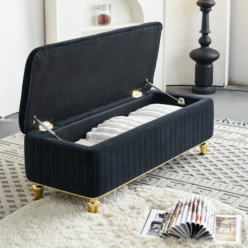 #M Upholstered Velvet Fabric Storage Ottoman With Safety Hinge Gold Embroidery Footstool Ottoman Bench For Living Room & Bedroom