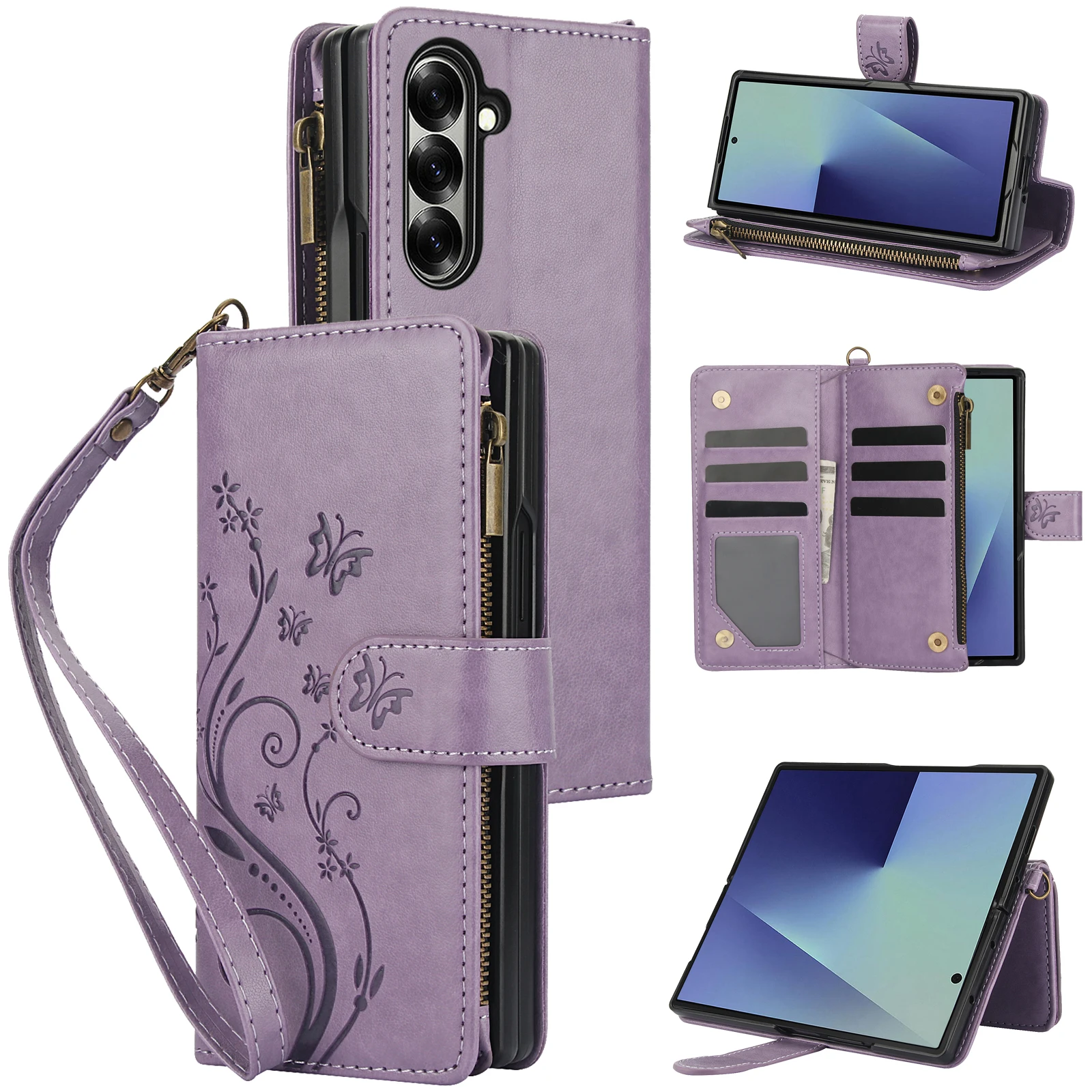 Wrist Strap Leather Zipper Wallet Card Slot Phone Case for Samsung Galaxy Z Fold 7 6 5 4 3 Fold6 Fold5 Fold4 Flip Stand Cover