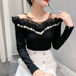 #8532 Spring Summer Off Shoulder T Shirt Women Sexy Split Joint Mesh Ruffles Pearls Sexy Tight Short T Shirt Femme Long Sleeve