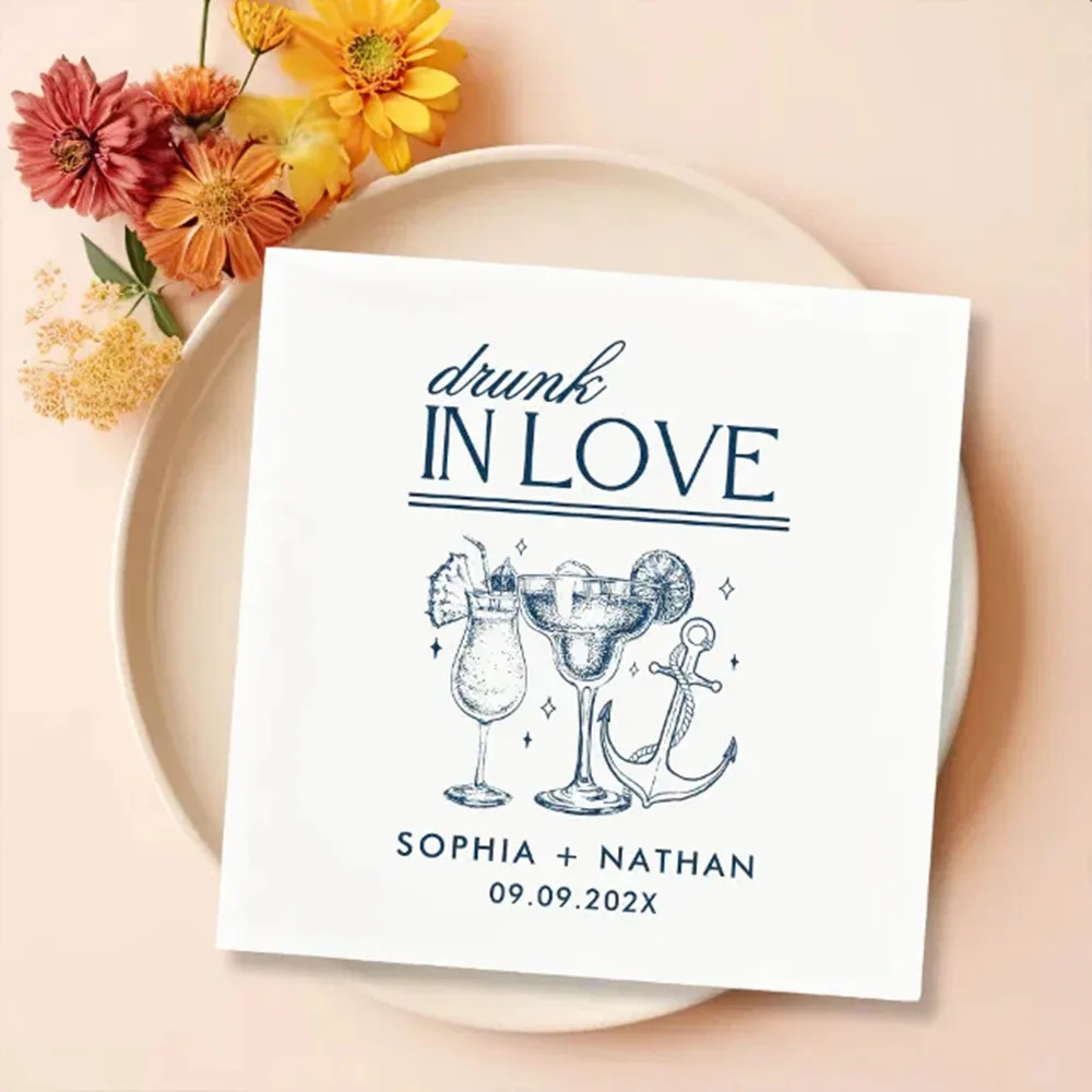 50pcs Custom Drunk In Love wedding napkin, Personalized Beach Wedding Napkins,Wedding Cocktail napkins,Luncheon,dinner napkins