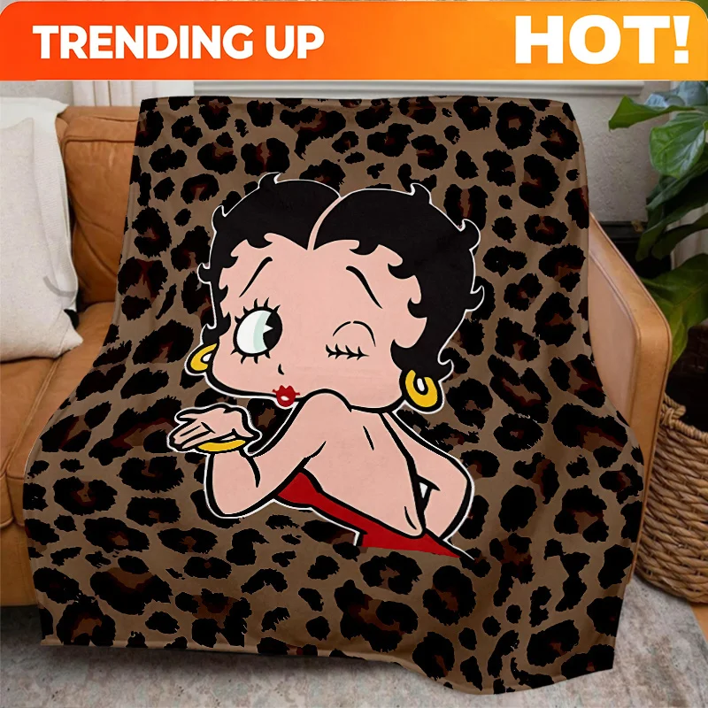 Customize Betty Boop Cartoon Leopard Flannel Blankets Gifts, 280GSM Ultra Soft Flannel, Lovely Throw Blanket Presents, Perfect f