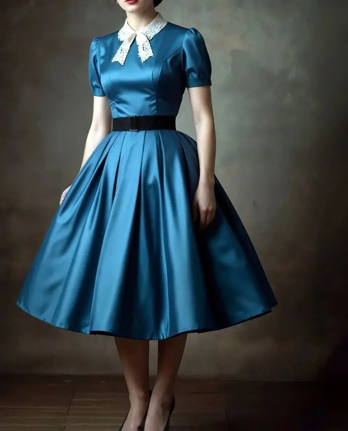 1950s elegante azul vestido de baile chá-comprimento cetim mangas curtas boutique vestido de festa personalizado vestidos de noite vintage para senhoras