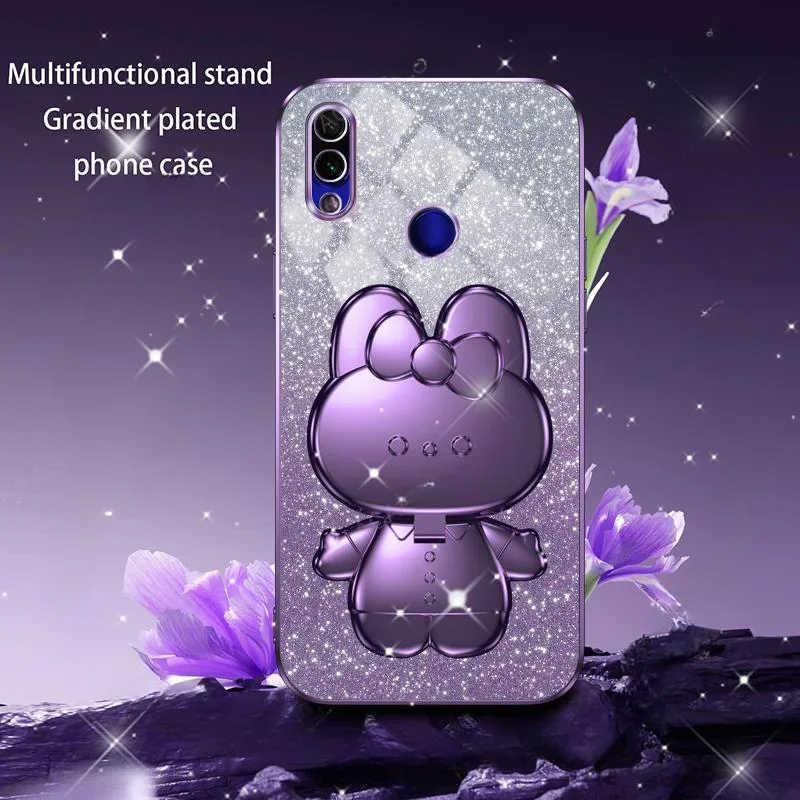 Cute 3D Rabbit Makeup Mirror Stand Plating Soft Case For Xiaomi Redmi Note 7 Pro Protect Glitter Back Cover On Note7 7pro Funda