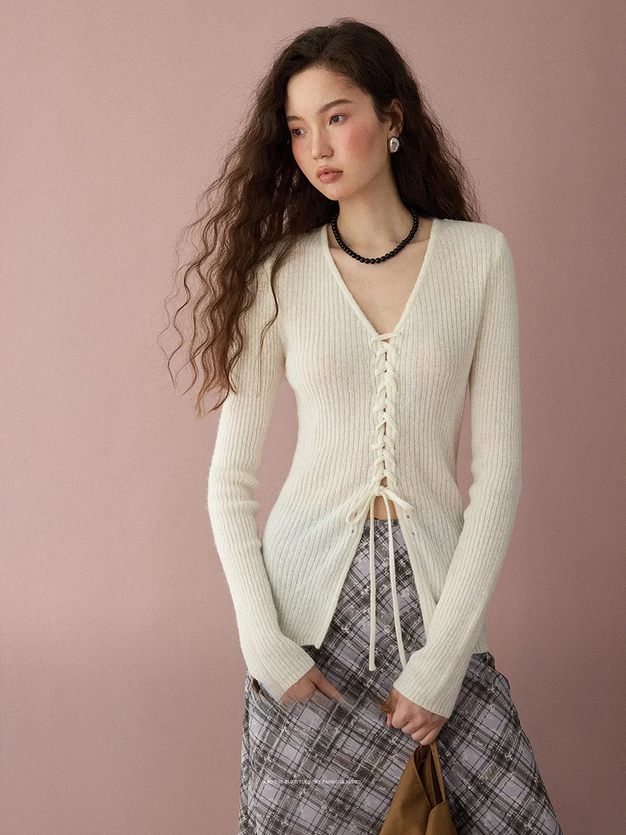 

Lalaglow Slim Fit V-Ne Knitted Open Cardigan Women's Early Spring Dstring Casual Sle Long Sve Mid-Length Coat