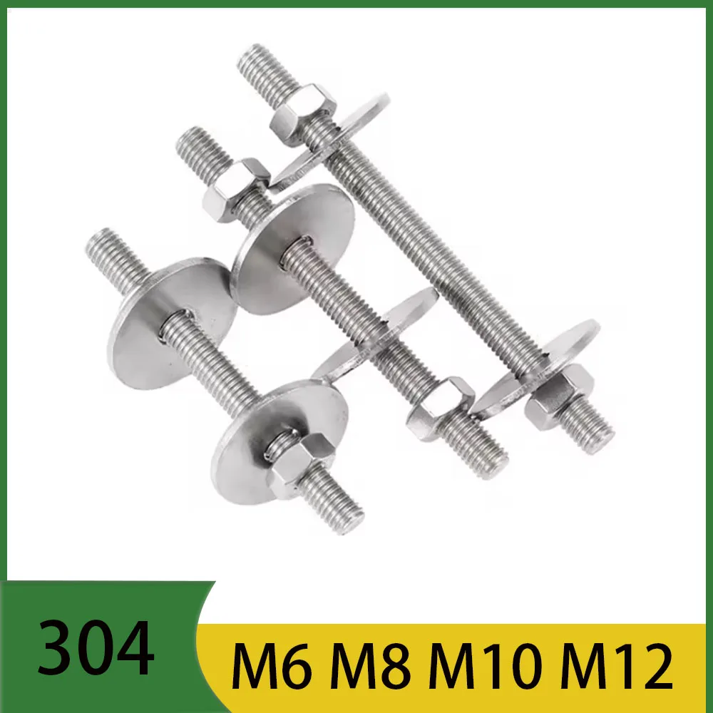 304 Stainless Steel M6 M8 M10 M12 Stud Rods Screws Length 150-500mm Full Threaded Rod Nut Set Includes 2 Flat Washers/2 Hex Nuts