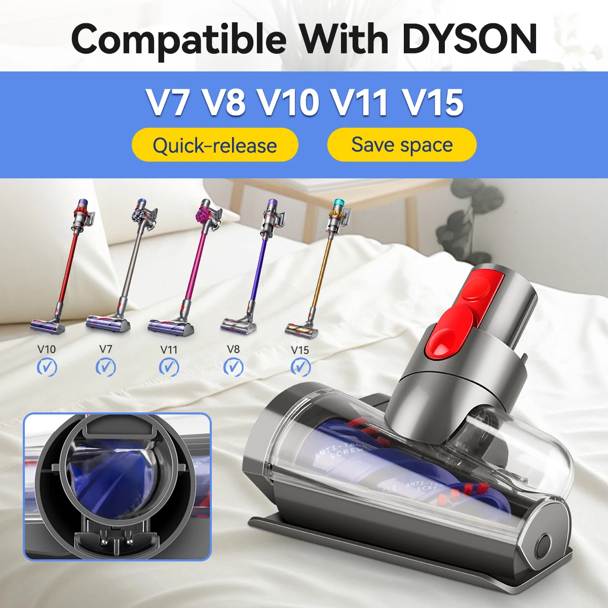 Anti-Tangle Mini Brush Attachment Compatible with V7 V8 V10 V11 V15 Cordless Stick Vacuum, Ideal for Sofas Beds, and Car Seats