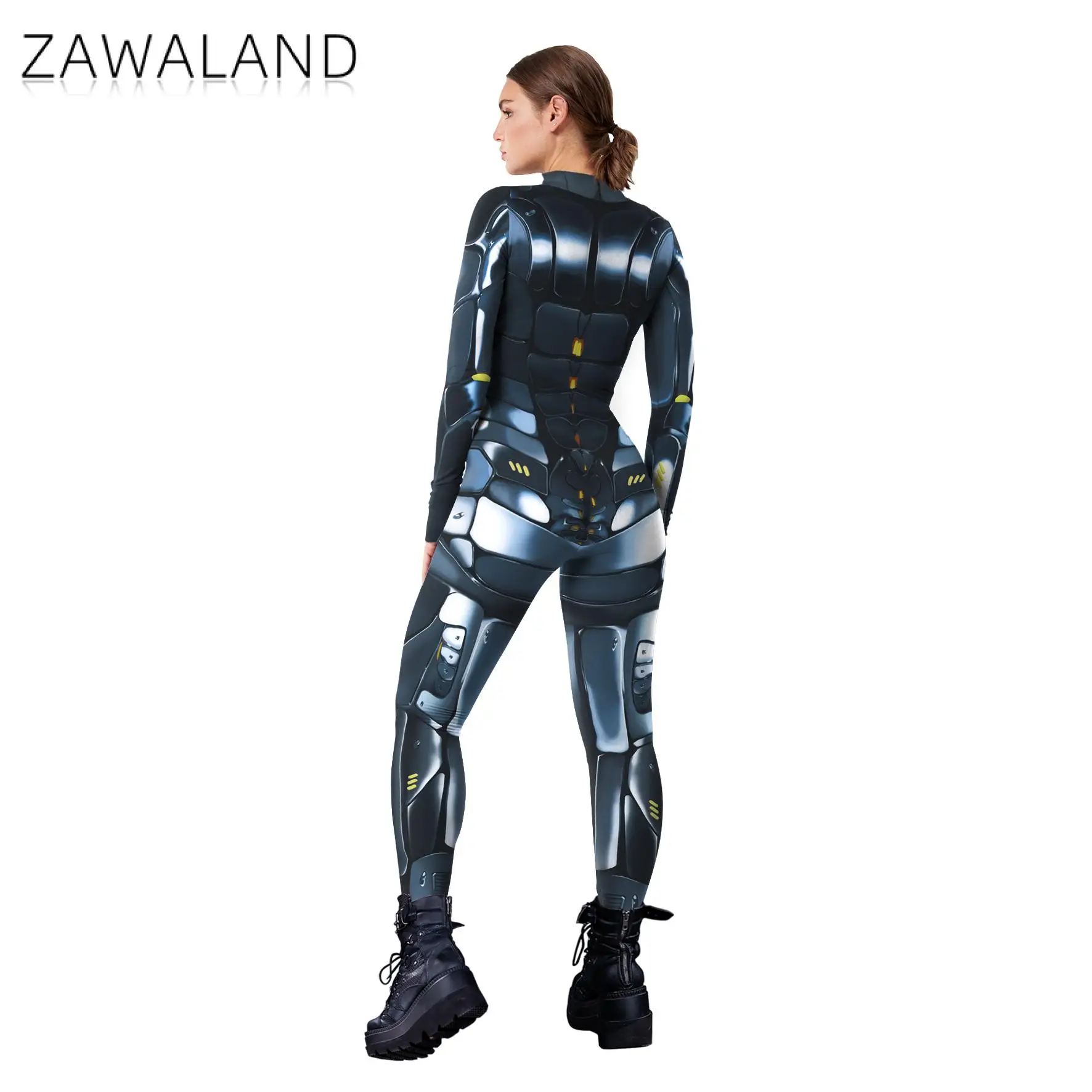 Zawaland Mechanical Robot Print Zentai Halloween Punk Party Bodysuit Cosplay Costumes Women Sexy Long Sleeve Fancy Clothes