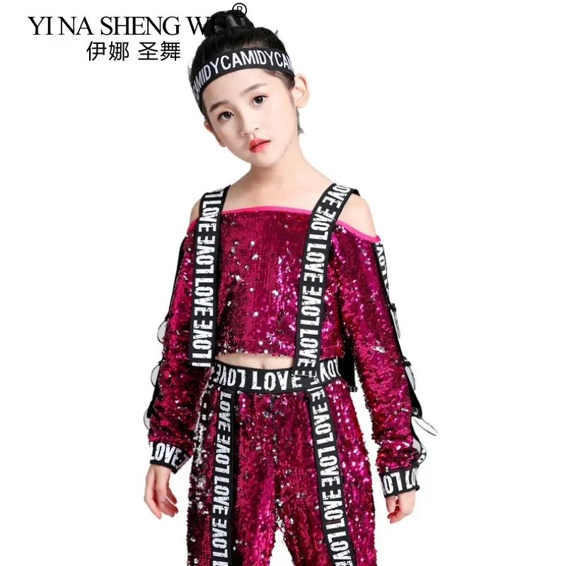 enfants-filles-etagere-tambour-danse-tenue-rose-rouge-paillettes-costume-hip-hop-jazz-salle-de-bal-performance-vetements-fete-scene-spectacle-porter