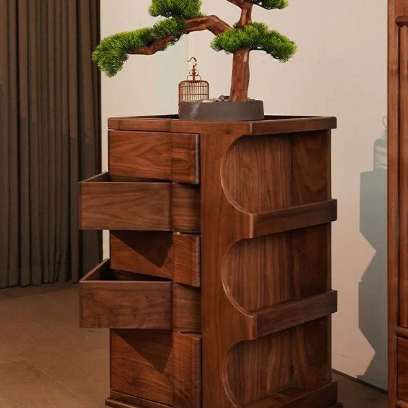 Medieval solid wood rotating cabinet living room movable sofa side cabinet storage tea side cabinet