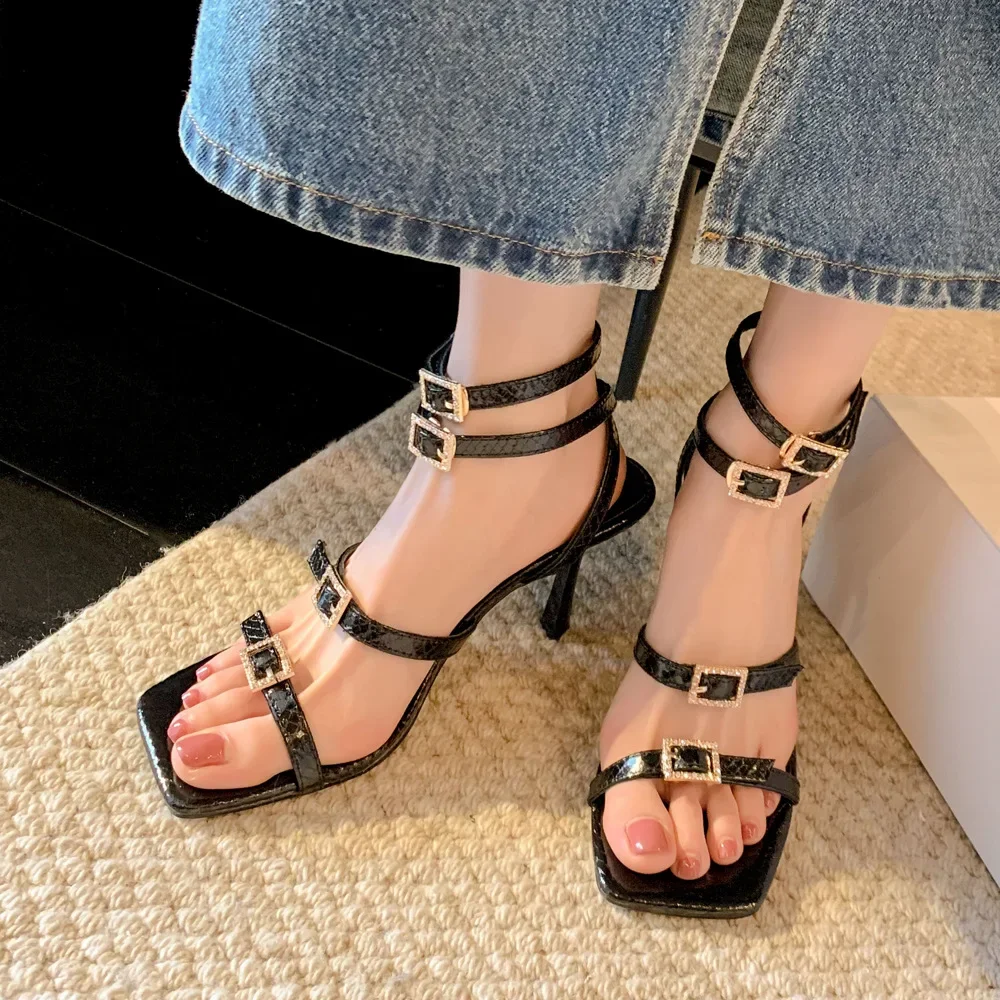 

Rhinestone Square Open Toe Stiletto Elegant Sandals Strapless Roman High Heels Belt Buckle Banquet Women Shoes Sandalias Mujer