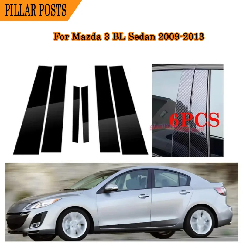 For Mazda 3 BL Sedan 2009-2013 6PCS Complete Exterior Upgrade Kit With High Gloss Black and Silver Carbon B C Pillar Covers