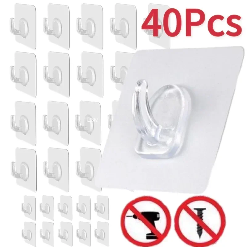 

5-40pcs Transparent Self Adhesive Hooks Door Wall Mounted Hanger Hook Suction Heavy Load Rack Kitchen Bathroom Organizer Holder