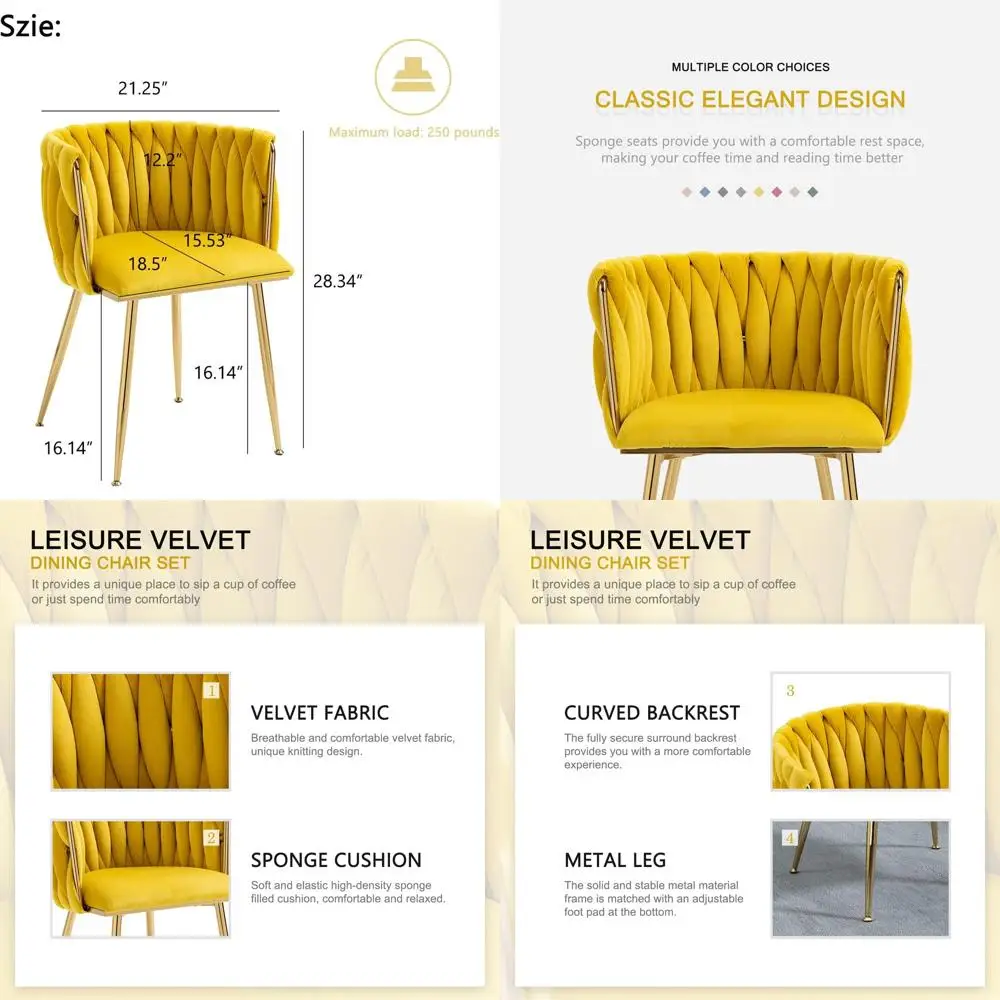 

Набор из 4-х обеденных стульев желтого бархата с золотыми ножками для элегантной кухни или гостиной
