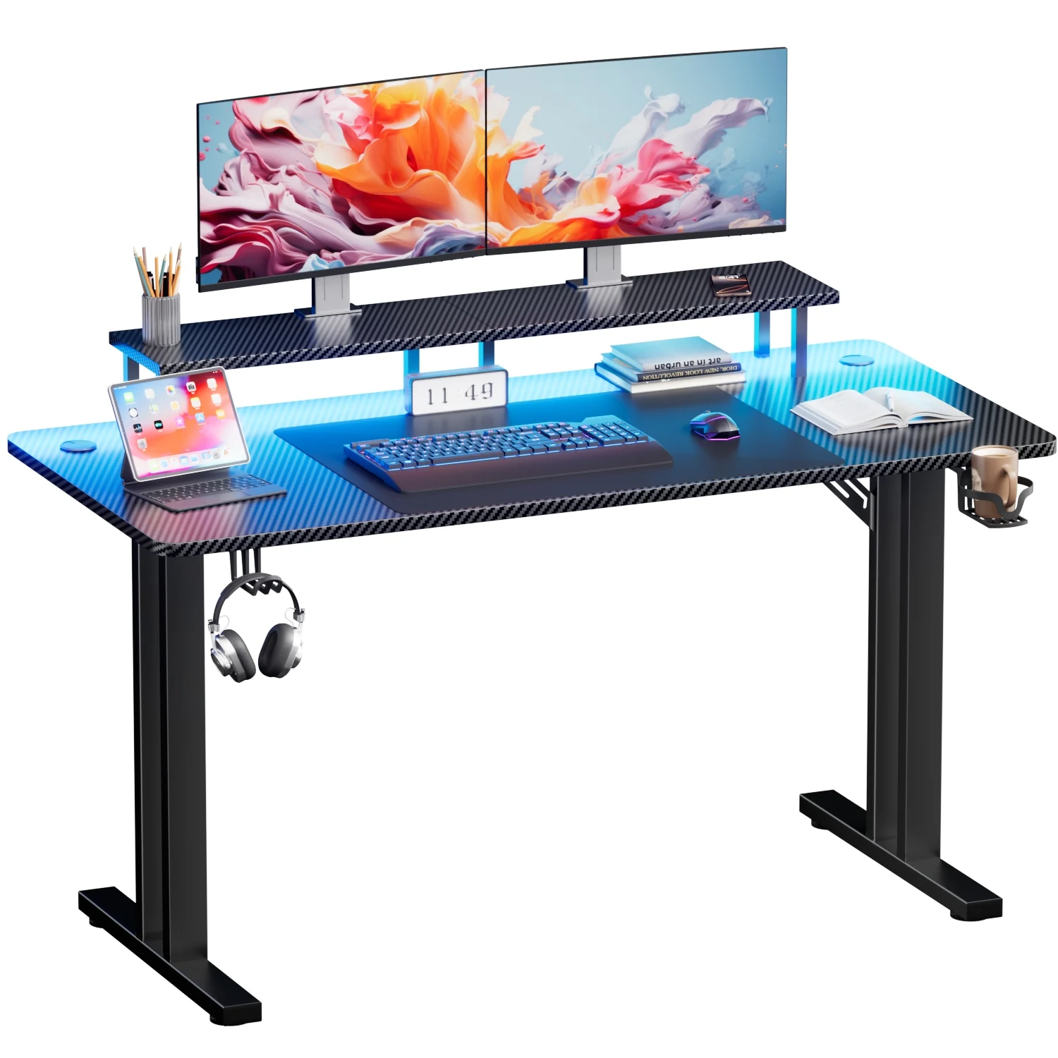FRODROVIA RGB Gaming Desk with LED Lights & Elevated Monitor Stand, Carbon Fiber Surface Gaming Table, Heavy-Duty Double I-Shaped Steel Frame Computer Desk with Adjustable Foot Pads, Gaming Workstation Equipped with Cup Holder & Headphone Hook for Gamers