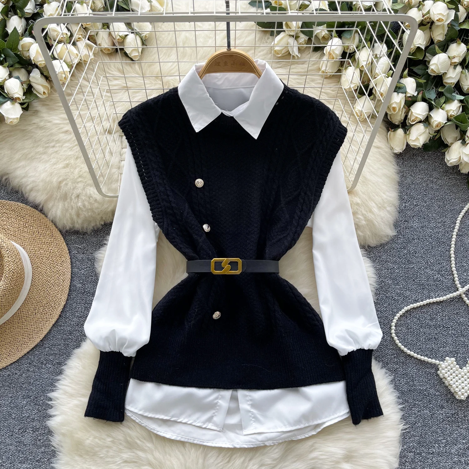 Autumn New Fashion Stacked Shirt Two Piece Set Women\'s Outfits Casual White Blouse and Knitted Pullover Vest Tops Suits Female