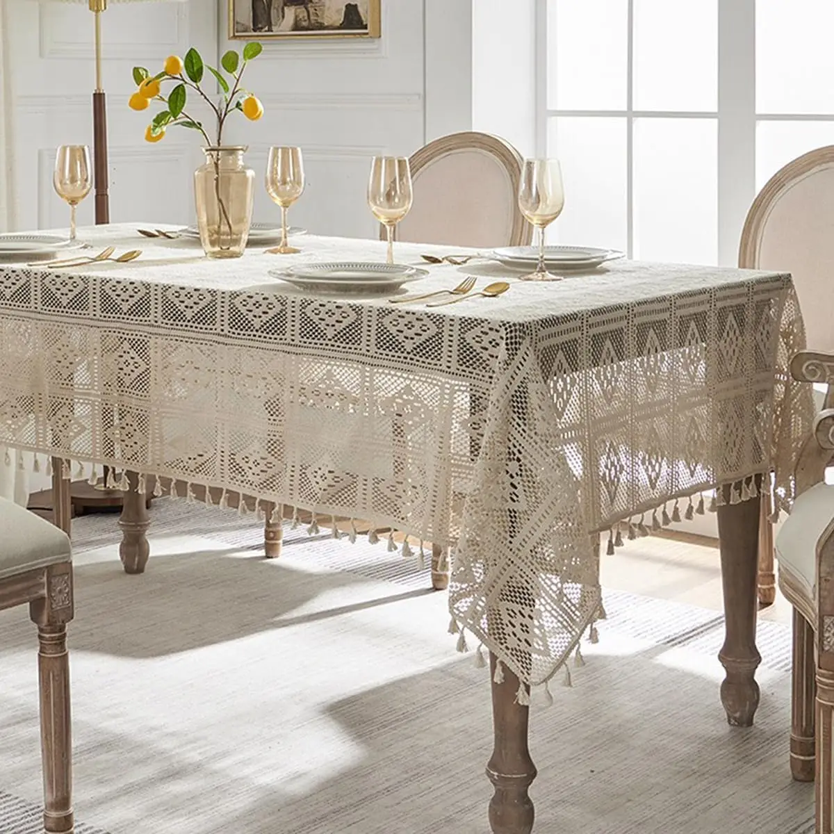 

Bohemian Cotton Linen Geometric Tablecloth Plaid, Crochet Vintage Beige Fringe Square Tablecloth for Kitchen Dining Room, Party