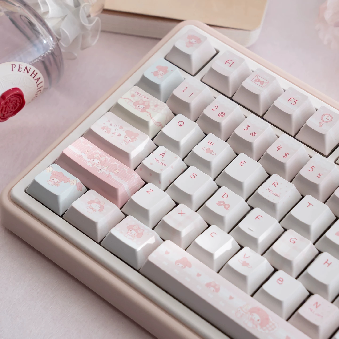 Kawaii My Melody Keycaps Themed Pink BPT Sublimation Cherry Profile Keycap for MX Switches Alice ISO Layout Mechanical Keyboards