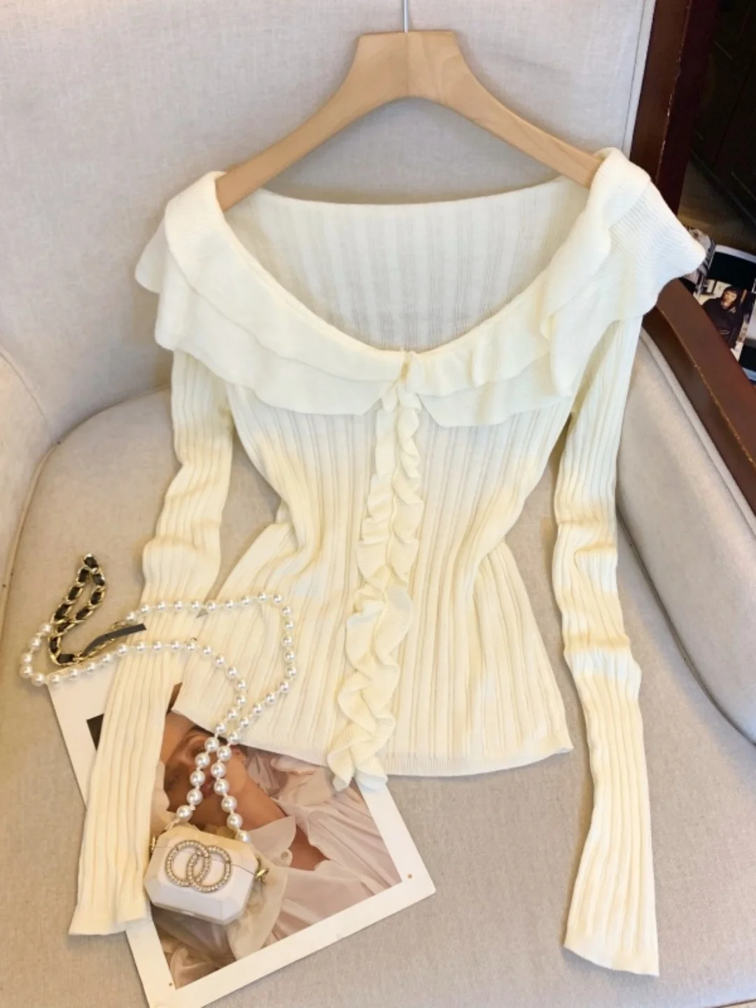 

Ele oulder Bared Long Sve Knitted Top Women's Faion Soft Sle French Sle Autumn Winter New Arrival Slim Fit