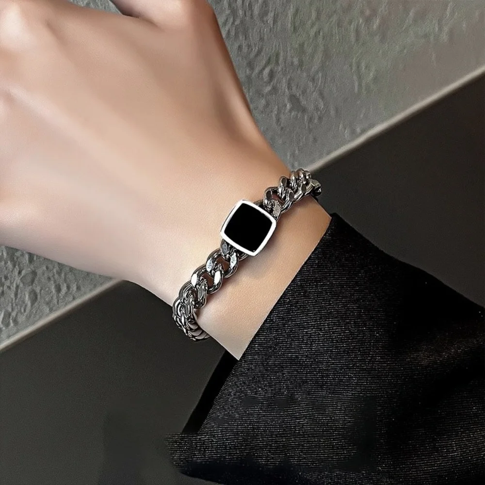 Retro Quadratischer Schwarzer Edelstein Herrenarmband Hip-Hop Dicke Kette Edelstahlarmband Einfache Kubanische Kette Schmuckzubehör – Detail 4