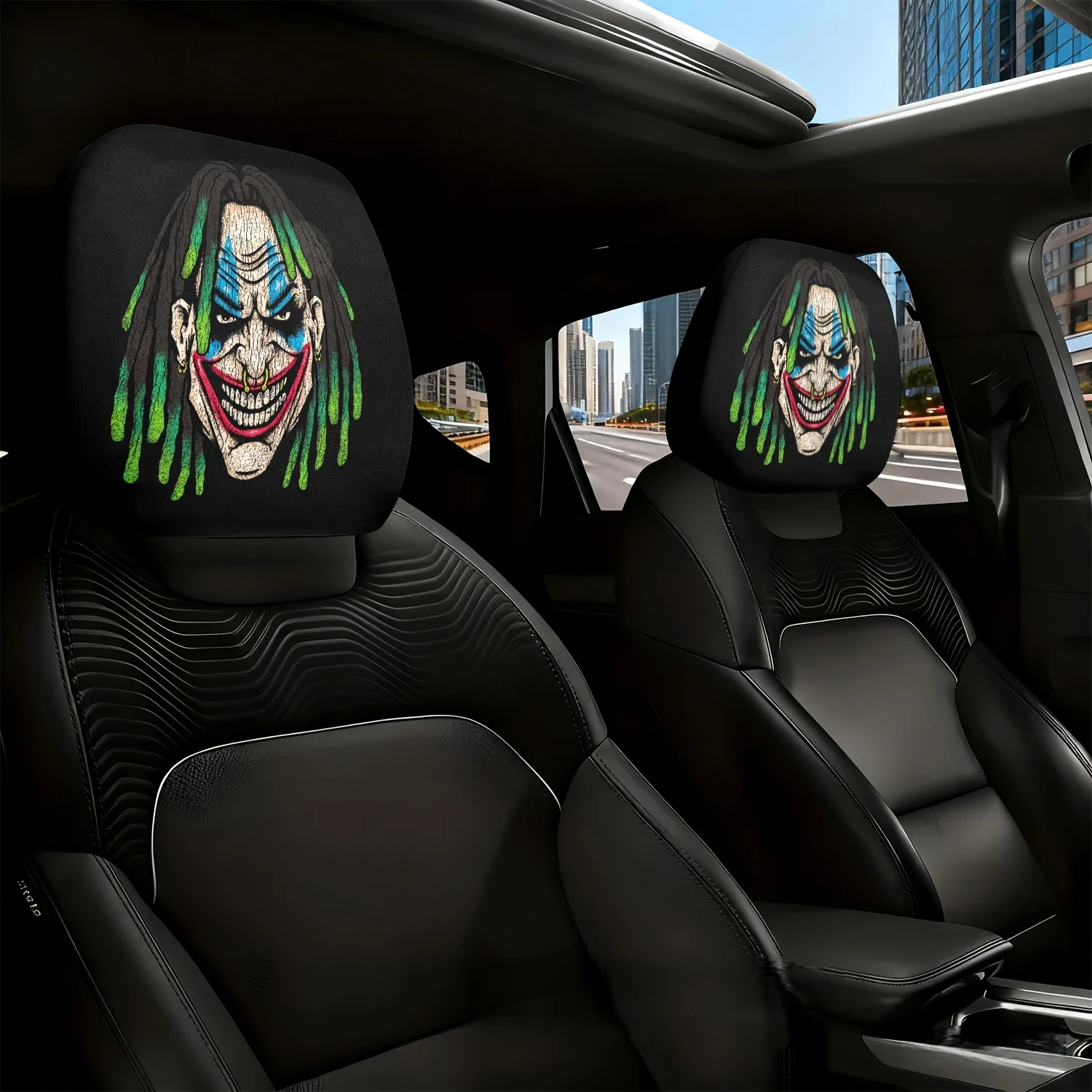 2pcs Car Headrest Covers, Joker Green Hair Maniacal Laugh Themed Print Pattern Car Seat Headrest Neck Pillow Covers - Anti-Sli