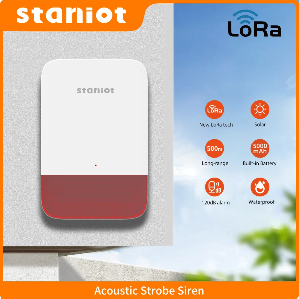 Bezprzewodowa syrena stroboskopowa Staniot LoRa, wodoodporna, alarm o wysokim poziomie decybeli 120dB, kompatybilna z Secpanel 7 Pro, zasięg transmisji 500m.