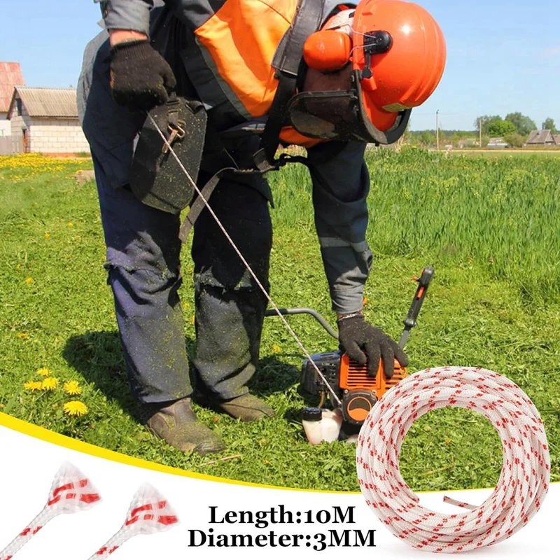 ABRW for Recoil for Starter Rope Pull Cord 3mm x 10m High Quality for Lawn Mower Chainsaw Generator, Polyester White+Red