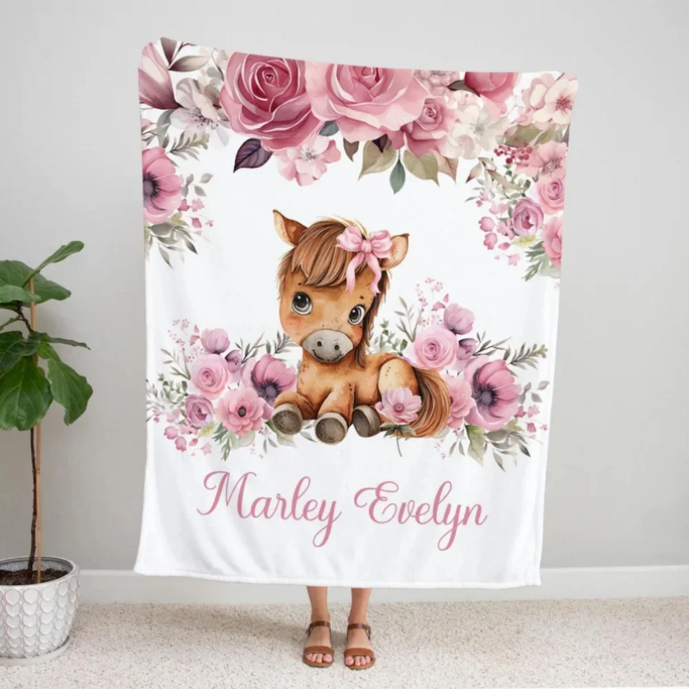 1Pc Custom Name/Text Cartoon Horse Flower Design Flannels Blanket, Soft and Comfortable,Suitable for Office, Home,Unique Present