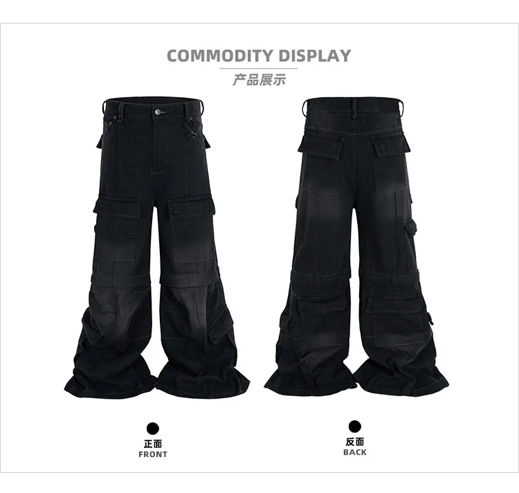 MIJKO فضفاض الجينز خمر غسلها انفصال متوهج البضائع رجل مستقيم وزرة غير رسمية المتضخم التمهيد قطع السراويل السوداء #2