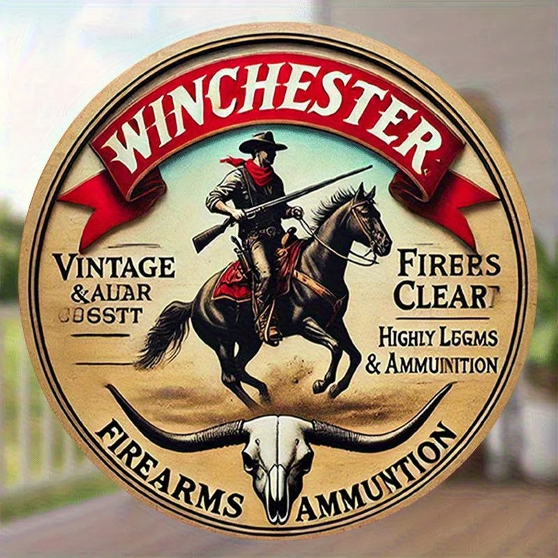 2D Flat, 1pc Winchester Vintage Round Metal Sign - 8-Inch Hunting Wall Art with Winchester & Horseback Design, Iron Retro Decor