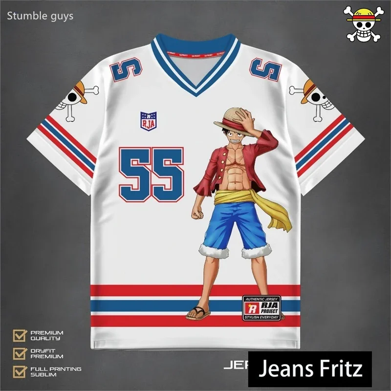 Summer Men's One Piece T-Shirt Monkey D Luffy Classic Cartoon Print Short Sleeve Lightweight Sports Jersey Kids Boys Clothes
