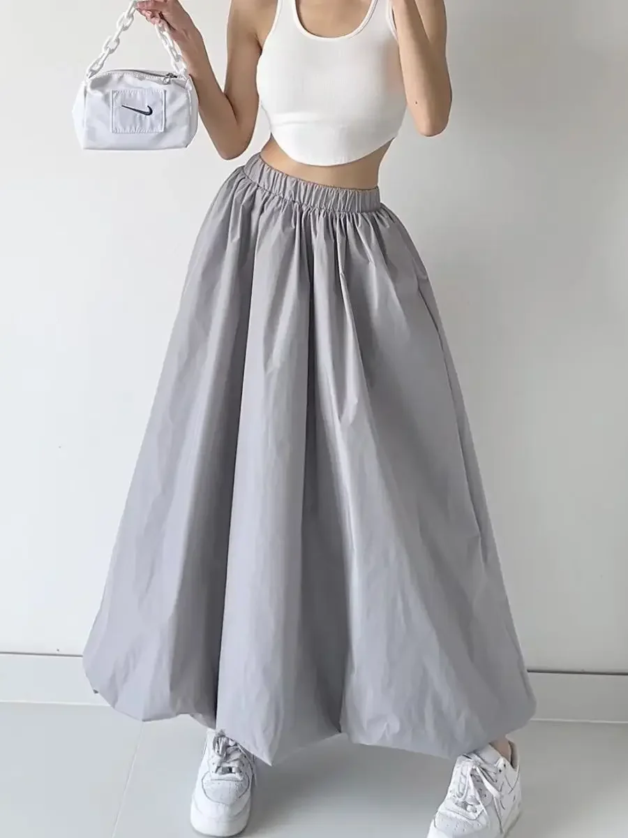 Wedbleser American Lazy Sports Style Loose Flower Bud Half Skirt Women Summer Street Gray Elastic Waist Fluffy Long Skirts