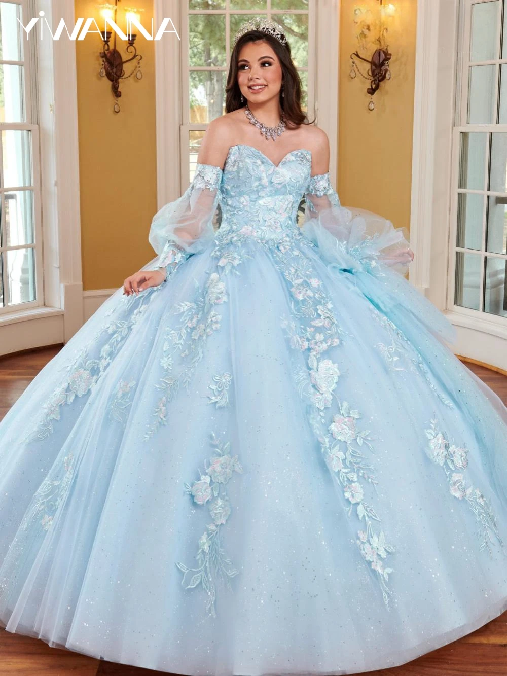 Очаровательные небесно-голубые платья Quinceanrra для выпускного вечера со съемными рукавами длинное блестящее платье принцессы с аппликацией милое платье 16 дюймов Vestidos