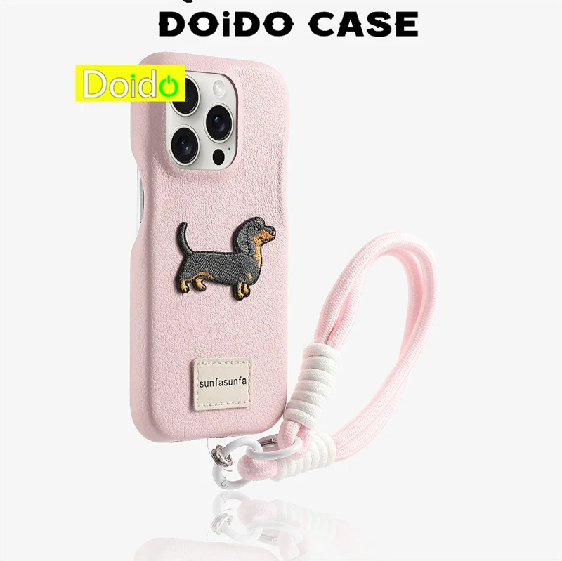 Solid Color Leather Case for iPhone 15 Pro Max Cute Dog IP 14 13 12 Pro Cover With Phone Lanyard Hanging Rope